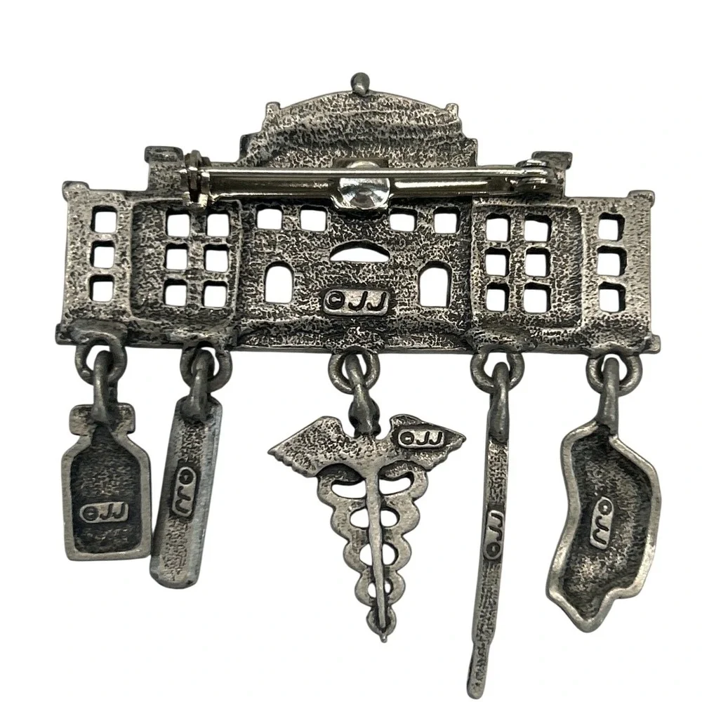 Vtg JJ Hospital Pin Silver Tone Medical Hanging Charms Nurse Doctor‎ Brooch - Picture 2 of 4